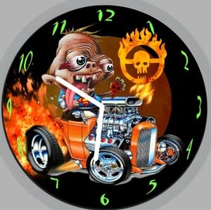 Hot Rod Cartoon Clock with Flame Skull Graphic